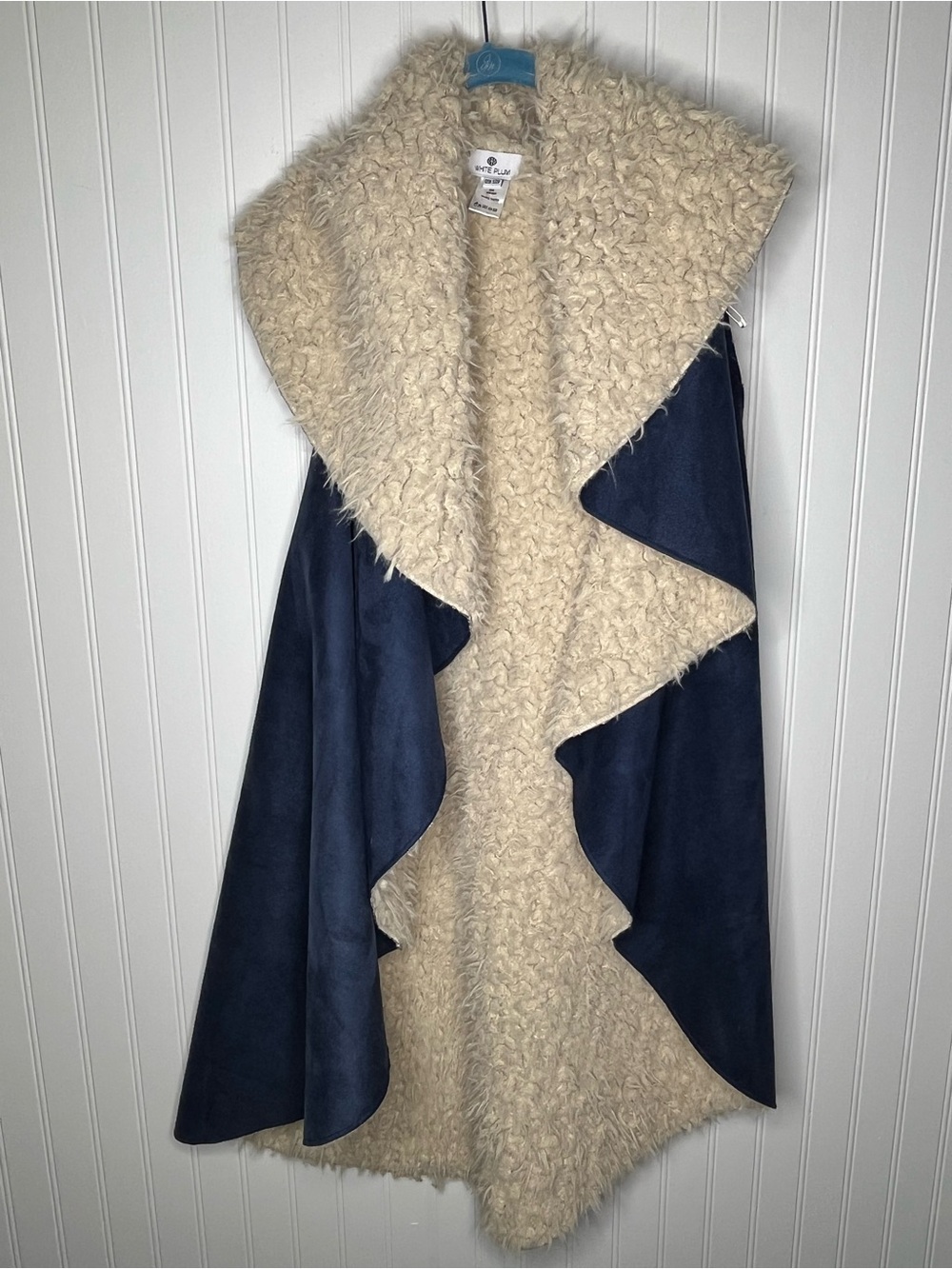 White Plum Faux Shearling Vest Navy Faux Suede Draped Sherpa Cozy Winter Jacket